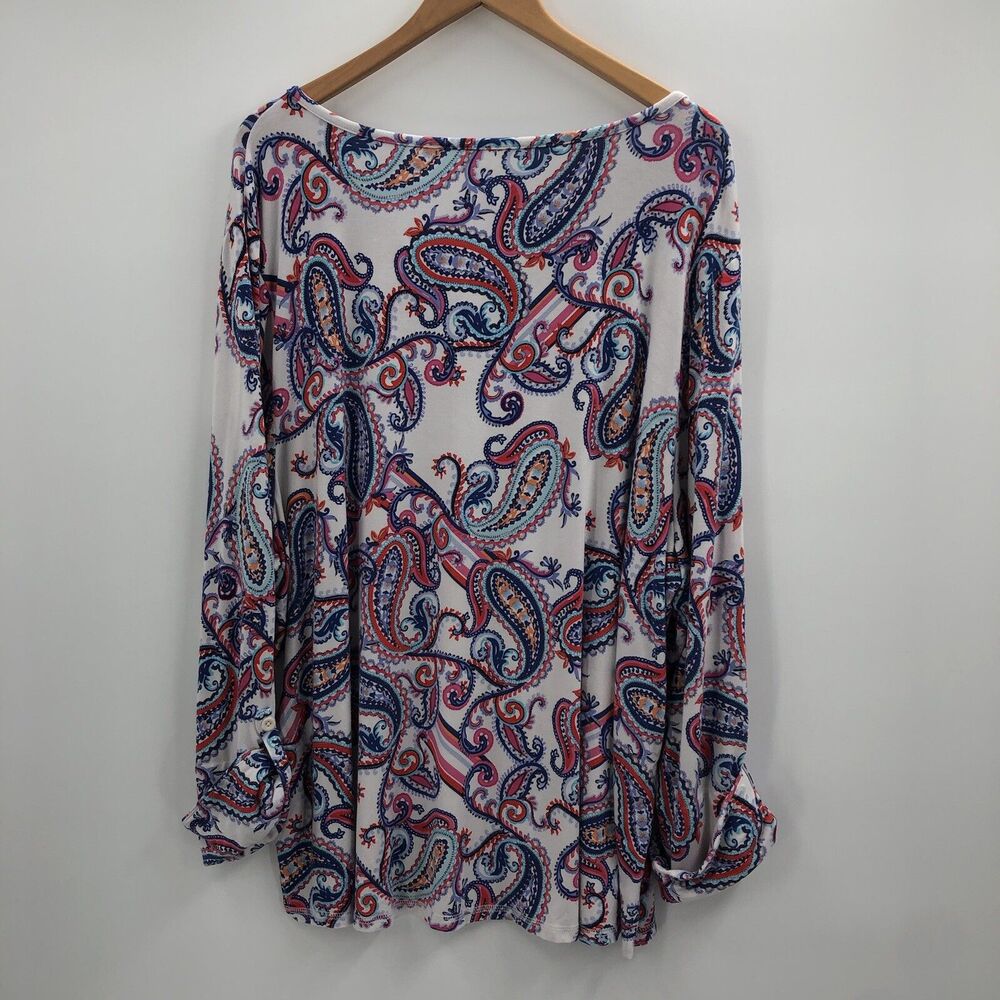 T by Talbots Womens 3X UPF 50 Paisley V Neck Roll Tab Sleeve Pullover - Picture 3 of 13